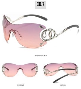Detail of Y2K shield sunglasses with silver snake temples and gradient lenses