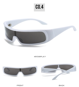 Three-angle view of white sport cycling sunglasses with dark grey UV400 lenses