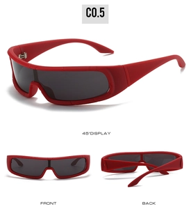 Three-view display of sporty red cycling sunglasses showing front, back, and 45-degree angle