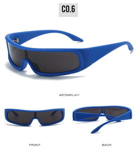 Multi-angle view of blue matte cycling sunglasses with a wrap-around grey shield lens