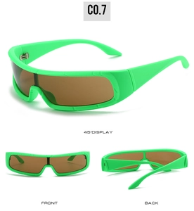 Detailed views of neon green wraparound sports sunglasses with amber shield lenses
