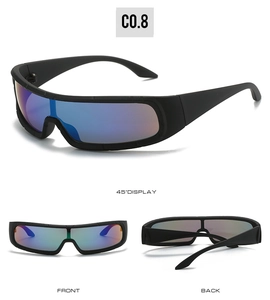 Detailed multi-angle views of matte black sports cycling sunglasses with blue mirror lens