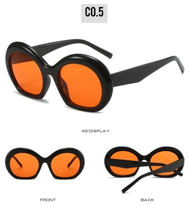 Vues détaillées de lunettes de soleil ovales avec monture noire et verres orange vif