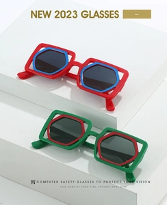 Detail of square hollow sunglasses with colorful geometric octagonal lenses