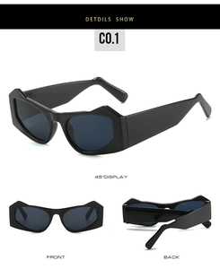 Detailed views of black geometric cat-eye sunglasses from front and side angles