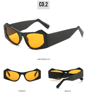Three-view display of hip-hop polygon sunglasses with black frames and yellow lenses