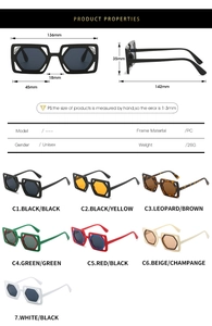 Detailed technical diagram of square frame sunglasses with PC frame material and sizing