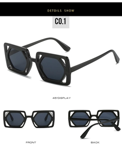 Detailed views of black square hollow sunglasses featuring modern geometric frame design