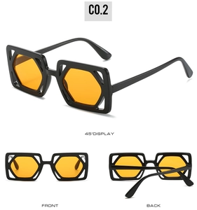Three-angle display of black square sunglasses with yellow lenses and hollow dual-layer frame