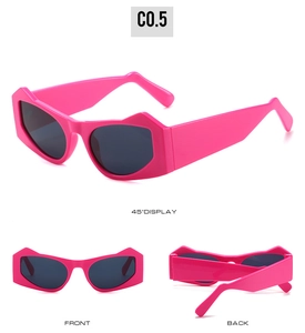Detail view of pink geometric sunglasses showing front, back and 45-degree side angles