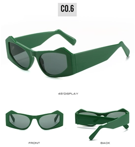 Three-angle view of green geometric cat-eye sunglasses with detailed hex frame and temples