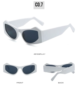 Detailed views of white chunky cat-eye sunglasses with dark grey lenses and geometric frames
