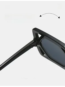 Close-up of durable metal hinge and size specifications on black square sunglasses