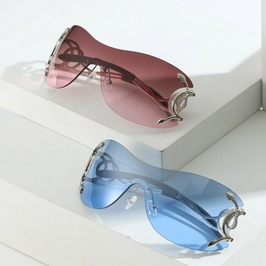 Y2K oversized shield sunglasses with silver snake decor in gradient pink and blue