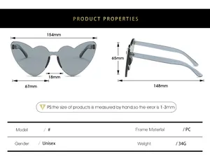 Guide des tailles détaillé pour lunettes de soleil cœur sans monture avec mesures