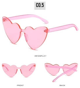 Vues détaillées de lunettes de soleil cœur sans monture roses de face, dos et 45 degrés