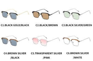Detaillierte Rasteransicht der quadratischen Sonnenbrille in sechs Farbvarianten