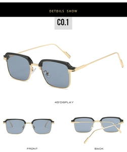 Mehrere Ansichten einer quadratischen Sonnenbrille mit schwarz-goldenen Rahmen und blauen Gläsern