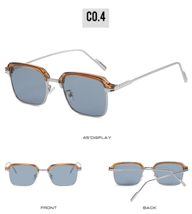 Dreifachansicht der quadratischen Schildpatt-Sonnenbrille mit hellblauen Gläsern und Silberbügeln