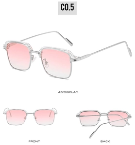 Dreiseitenansicht einer eckigen Metall-Sonnenbrille mit rosa Verlaufsgläsern und Silberrahmen