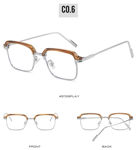 Dreifachansicht der Retro-Halbrandbrille in Bernsteinoptik und Silbermetall