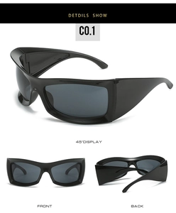 Three views showing 45-degree, front and back angles of Y2K black wrap sports sunglasses