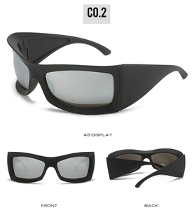 Multi-angle view of black oversized sports sunglasses with silver mirror lenses