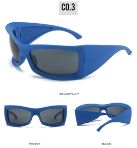 Three-angle display of blue wraparound sports sunglasses with gray UV lenses