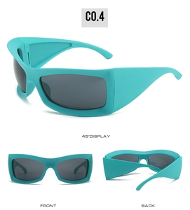 Three-way view of Tiffany blue Y2K style wraparound sunglasses with dark gray lenses