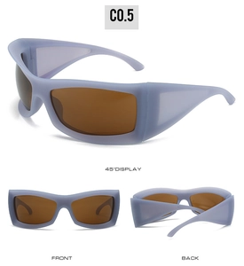 Three-view display of purple oversized sports sunglasses with brown lenses and matte finish