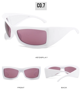 Three perspectives of white oversized sports sunglasses with purple tinted lenses