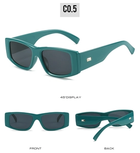 Affichage sous trois angles de lunettes de soleil rectangulaires bleu-vert et métal argenté