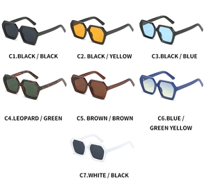 Detailed grid showing seven color variations of stylish polygonal sunglasses for women