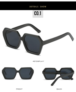 Three-angle display of black hexagonal sunglasses with polarized lenses, model C0.1