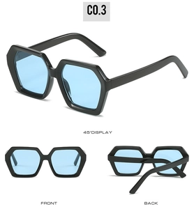 Multiple views showing 45-degree, front and back of hexagonal sunglasses with blue lenses