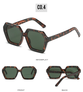 Three-view display of tortoiseshell hexagonal sunglasses with dark green lenses