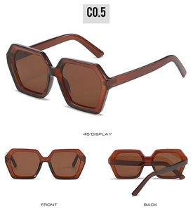 Three views of polygon tea-colored sunglasses showing front, back, and 45-degree angle