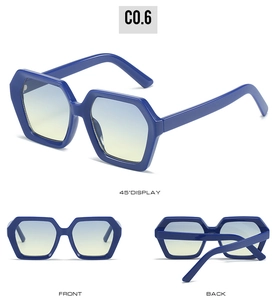 Three-way view showing front, back and side of hexagon sunglasses with gradient lenses