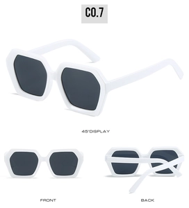 Three-way view of white geometric hexagon sunglasses featuring dark grey lenses