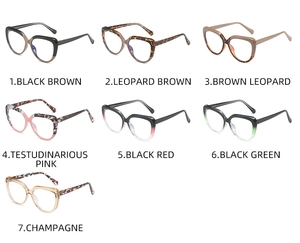 Detailed grid of seven stylish cat-eye anti-blue light glasses in various trendy colors