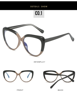 Three-view detail of oversized cat-eye TR glasses frames in black and tea color contrast