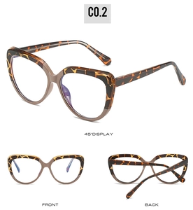 Detailed views of tortoise shell cat-eye TR glasses frames with anti-blue light lenses