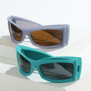 Oversized wrap-around sports sunglasses in purple and teal with matte resin frames