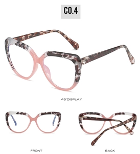 Detail view showing cat-eye frame with tortoise top and translucent pink bottom