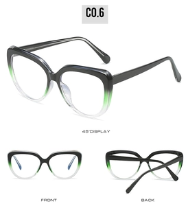 Front and back views of trendy cat-eye TR glasses frames with black to green gradient color