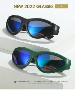 Detail of Y2K sports sunglasses with vibrant blue reflective coating and resin frames