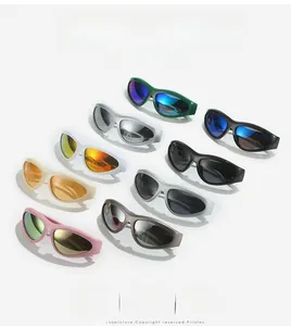 Detailed grid showing nine pairs of aerodynamic wrap-around sports sunglasses in various colors