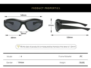 Detailed size chart for Y2K sports sunglasses showing PC frame dimensions and weight