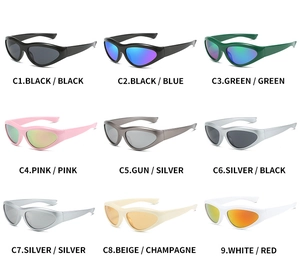 Collection of nine colorful Y2K wrap-around sports sunglasses in a grid layout