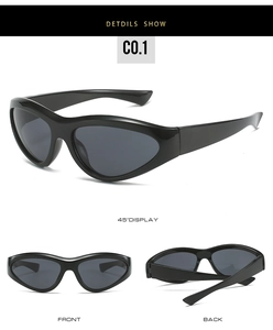 Multiple views of black Y2K sports sunglasses with wraparound frames and gray lenses